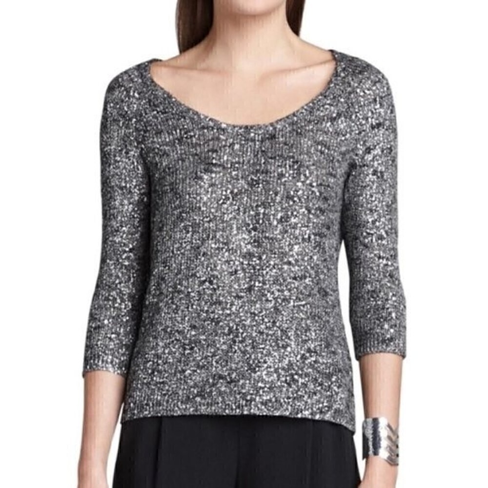 Eileen Fisher Petite Karma Shimmer Metallic Linen Blend Sweater Size PS